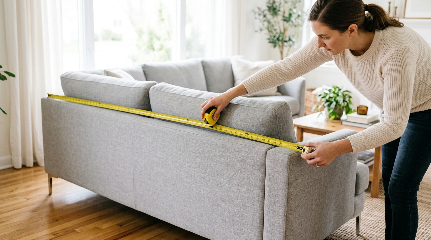 Measuring emerald sofa with tape